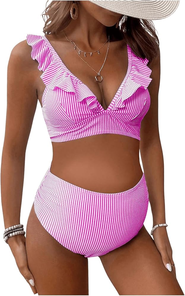 MakeMeChic Women's Maternity Swimsuit Two Piece Bikini Sets Ruffle V Neck High Waist Pregnancy Swimwear