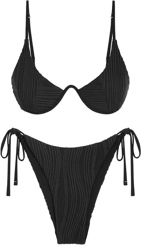 ZAFUL Women's Textured Underwire Bikini Set V Notch High Cut Swimwear Tie Side Ribbed Sexy Swimsuits