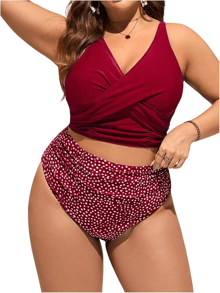 WDIRARA Women's Plus Size Spotted Print Vest Style Swimsuit Criss Cross Ruched Tankini Top and High Waist Bottom Bikini