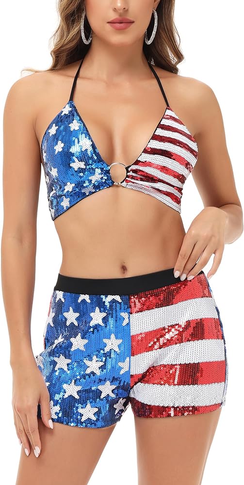 Anna-Kaci Women's 2 Piece July 4th Bikini Set USA Flag Sparkly Sequin Halter Top Shorts Sets