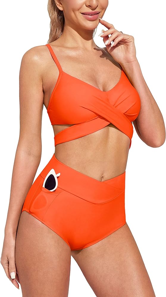 IUGA High Waisted Bikini Sets for Women Wrap Push Up Two Piece Swimsuits Tummy Control Swim Bathing Suits with Pocket