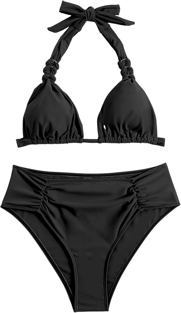 SHENHE Women's Summer 2 Piece Halter Bikini Swimsuit Set Push Up Bathing Suits Black Medium