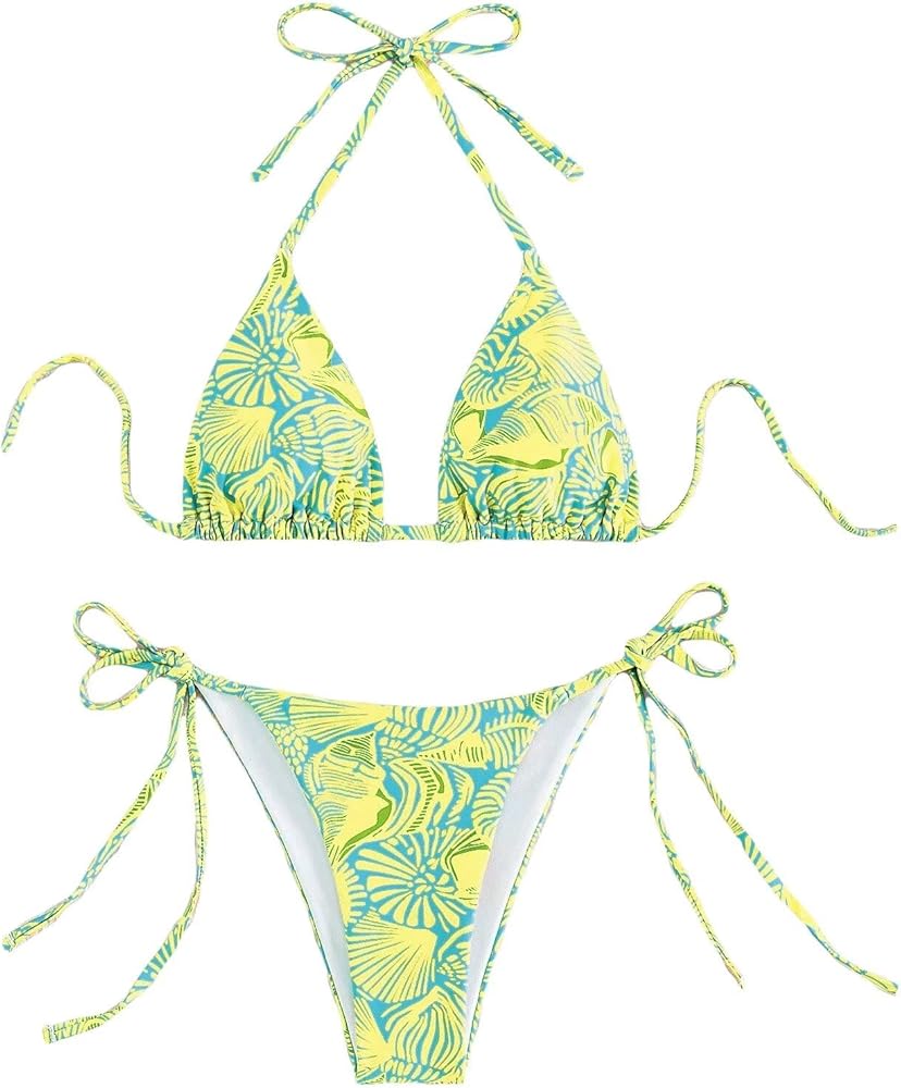 Women's High Waisted Bathing Suit Allover Floral Print Triangle Halter Swimsuit Bikini Set 2 Piece