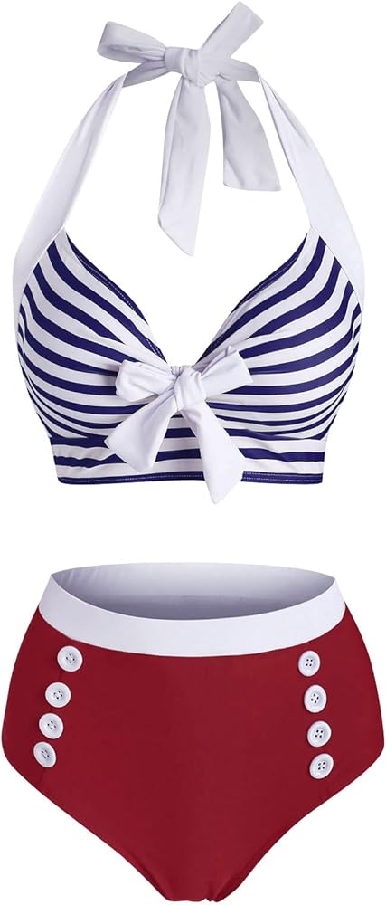 DRESSFO Women's Bikini Set American Flag Halter Two Piece High Waisted Swimsuit Stripe Vintage Tummy Control Bathing Suit