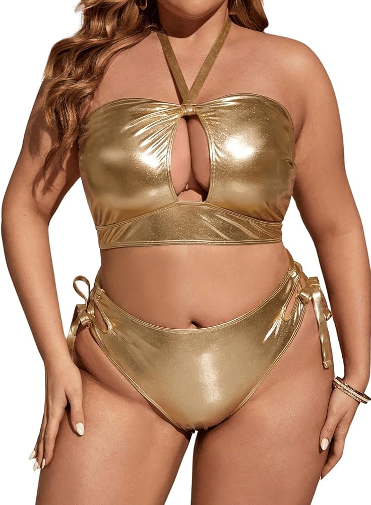 WDIRARA Women's Plus Size Metallic Cut Out Swimsuits Halter High Waisted 2 Piece Bikini Bathing Suit