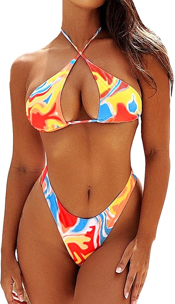 SweatyRocks Women's 2 Piece Swimsuit Criss Cross Tie Dye Halter Bikini Sets