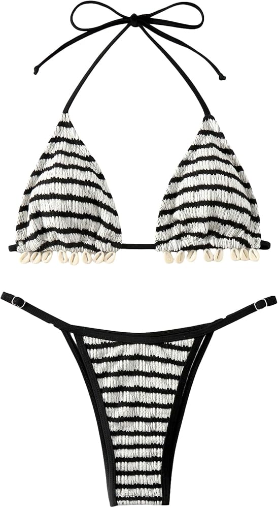 MakeMeChic Women's Triangle Bikini Set Halter Two Piece Striped Swimsuit String Tie Side Bathing Suit