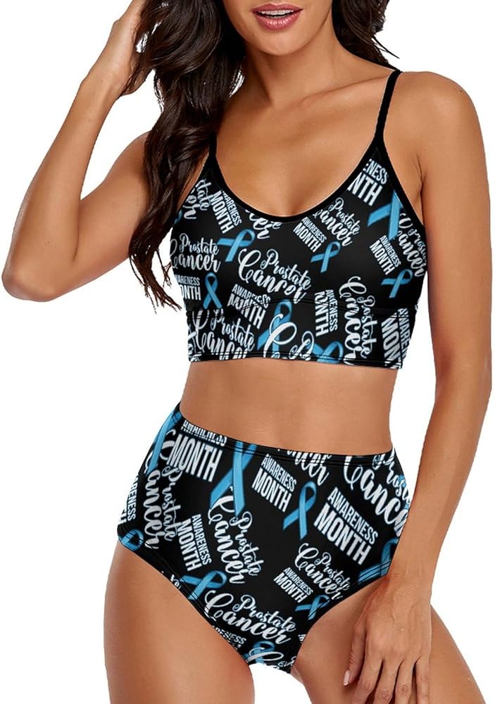 Prostate Cancer Awareness Blue Ribbon Women's Bikini Two Piece Set High Waisted Swimsuit Camisole and Underwear Bathing Suit