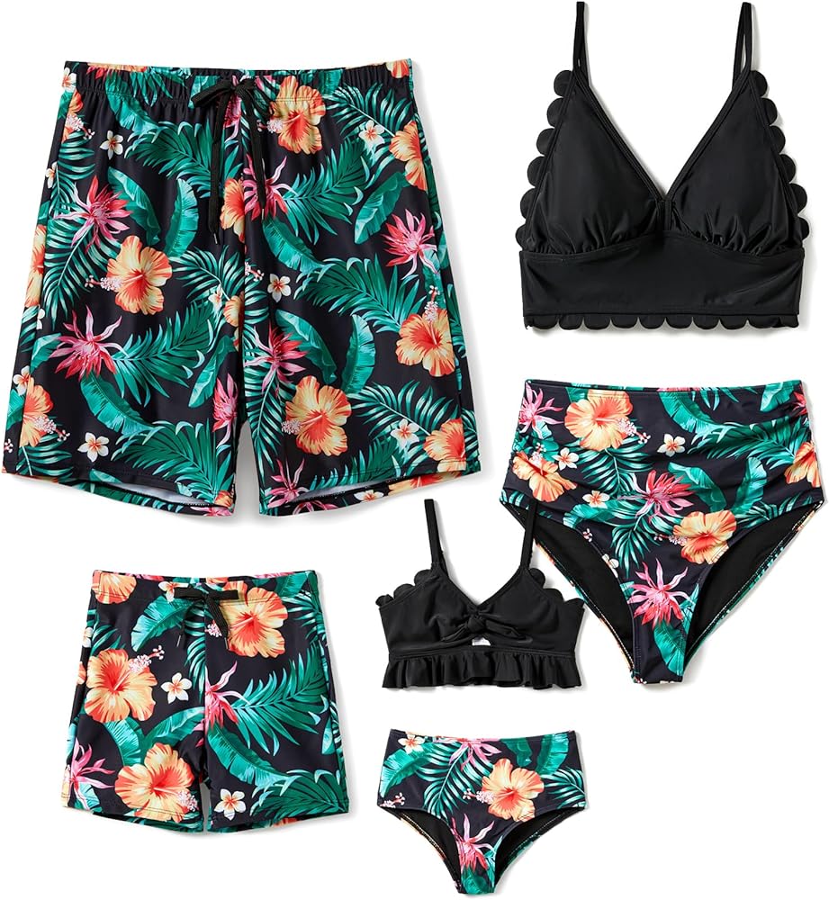 Family Matching Solid Scallop Trim Strappy Two-Piece Swimsuit and Allover Floral Print Swim Trunks Shorts