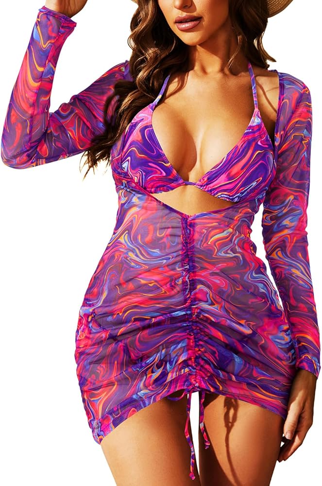 3 Piece Swimsuits for Women Halter Bikini Bathing Suit Tie Side Triangle Bikinis Swimsuit with Mesh Beach Cover Up