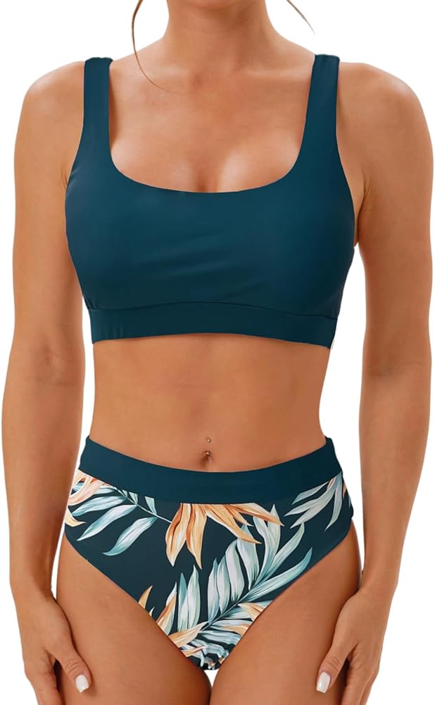 High Waisted Two Piece Swimsuits for Women Tummy Control Tankini Bathing Suits Sporty Printed Swimwea