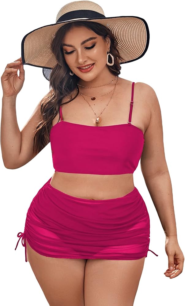 OYOANGLE Women's Plus Size 3 Piece Swimsuit High Waist Bikini Set Bathing Suit with Cover Up Skirt