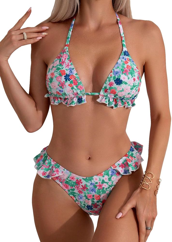 Verdusa Women's Two Piece Floral Bikini Sets Halter String Ruffle Bathing Suit Set