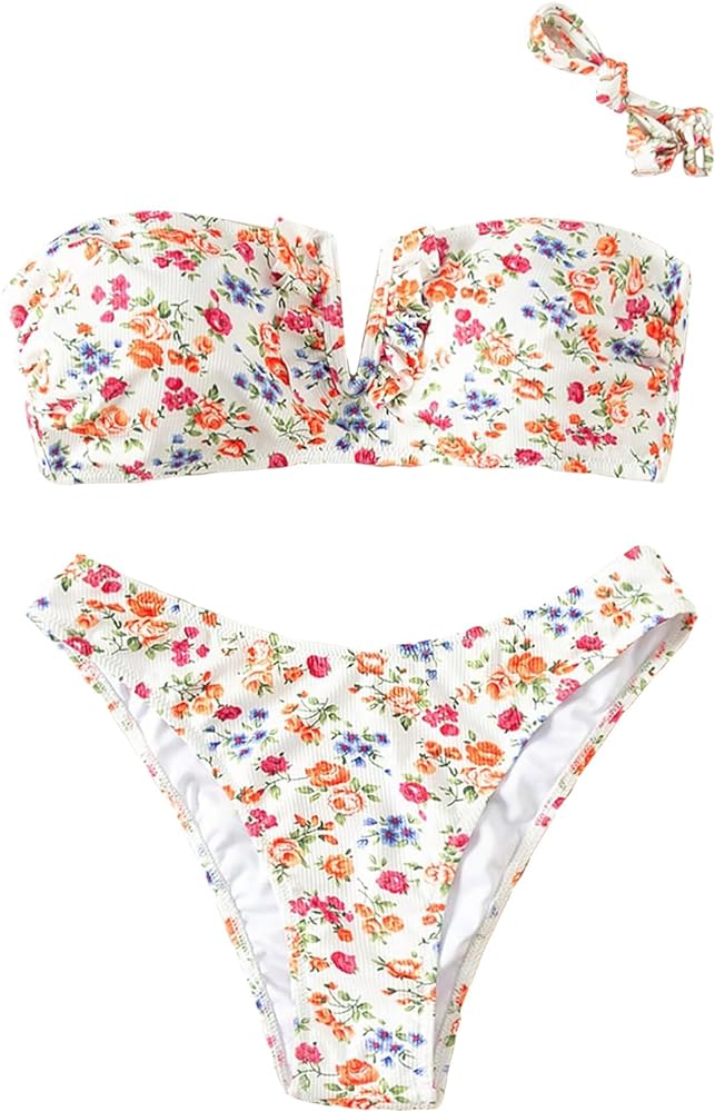 Women's 2 Pieces Bandeau Bikini Set Floral Print Tie Back Strapless High Cut V Neck Bathing Suits Tube Swimwear