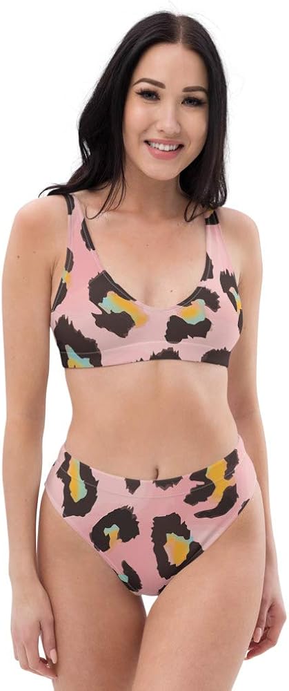 Recycled High Waisted Bikini Set for Women Leopard Print Pink Swimsuit