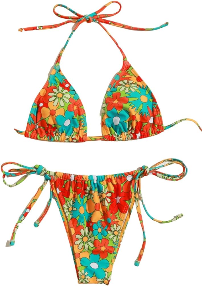 SOLY HUX Women's Floral Print 2 Piece Swimsuits Bikini Set Halter Triangle Swimwear Sexy Bathing Suit