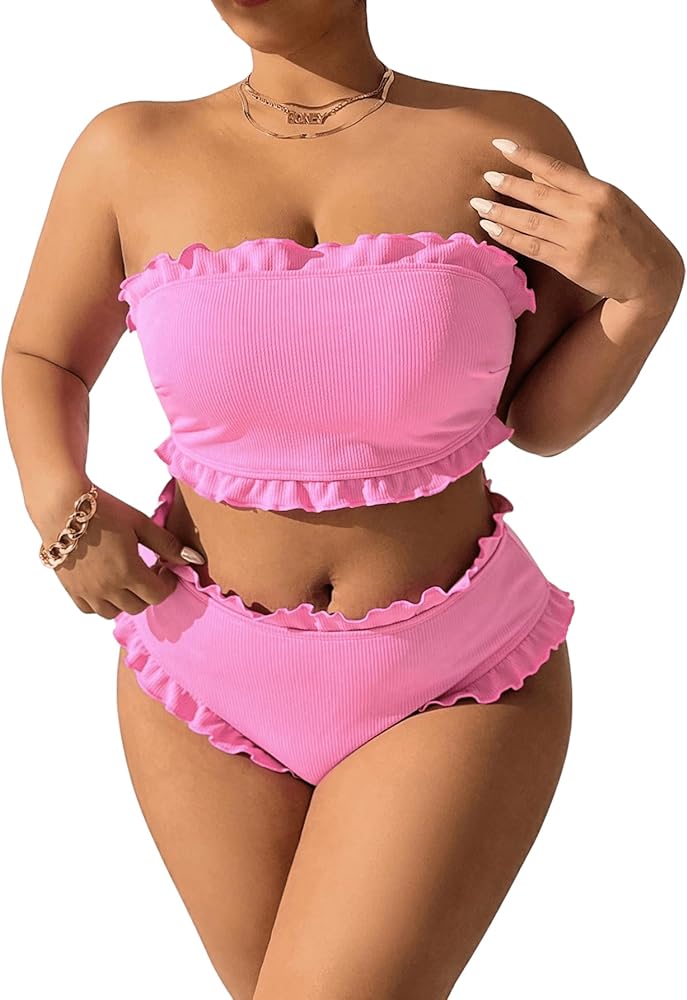 WDIRARA Women's Plus Size Bandeau Bikini Sets Ruffle Trim Strapless High Waisted 2 Piece Swimsuits