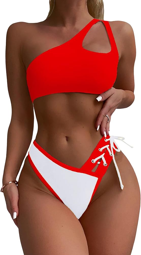 SherryDC Women's Cheeky Cutout One Shoulder Bikini Color Block V Cut High Leg Two Pieces Swimsuit