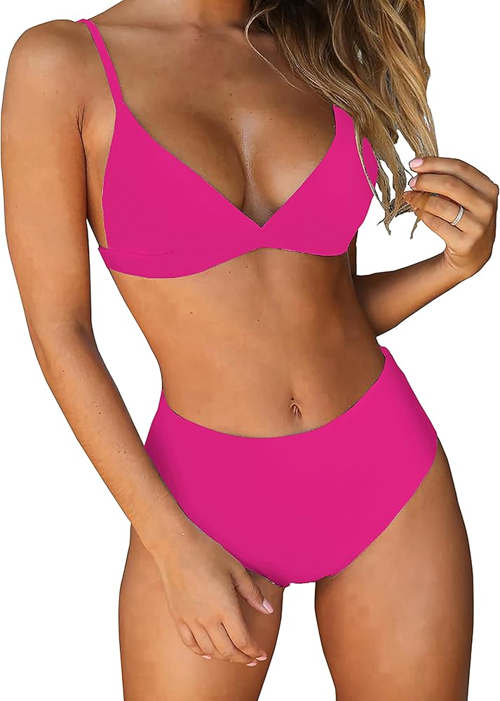 BTFBM Women's Bikini Sets 2024 Summer Two Piece Swimsuit High Waisted V Neck Triangle Bathing Suit Casual Beach Swimwear