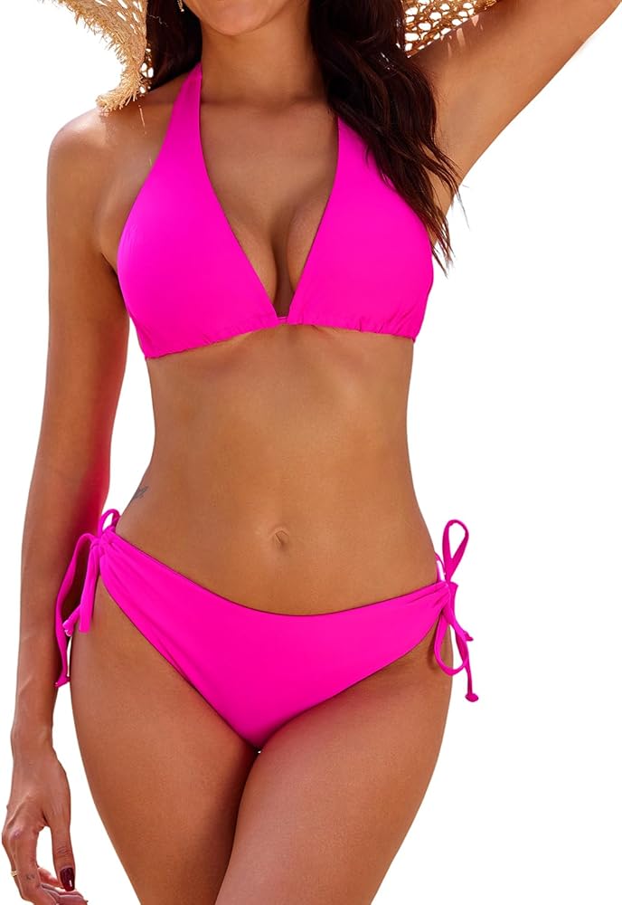 Saodimallsu Womens Halter Bikini Sexy Triangle String Side Tie Two Piece V Neck Backless Swimsuits