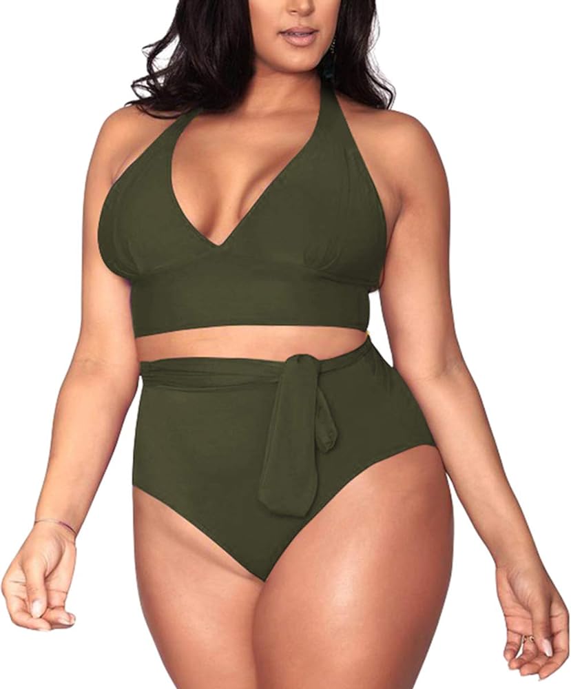 Sovoyontee Women's Plus Size High Waisted Tummy Control Swimwear Swimsuit Full Coverage