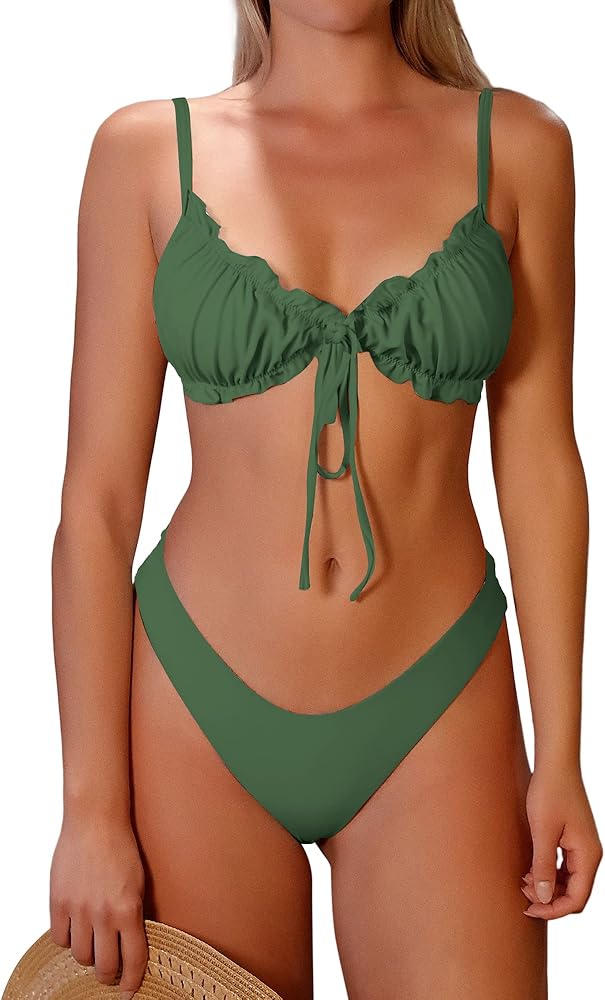 ZAFUL Women's Triangle Bikini Ruffles Solid Padded Tie Up Sexy Bikini Set Swimsuit Amy Green M