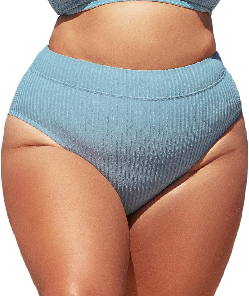 CUPSHE Women Swimsuit Plus Size Bikini Bottom High Waisted Ribbed Texture Modest Widen Band Bathing Suit