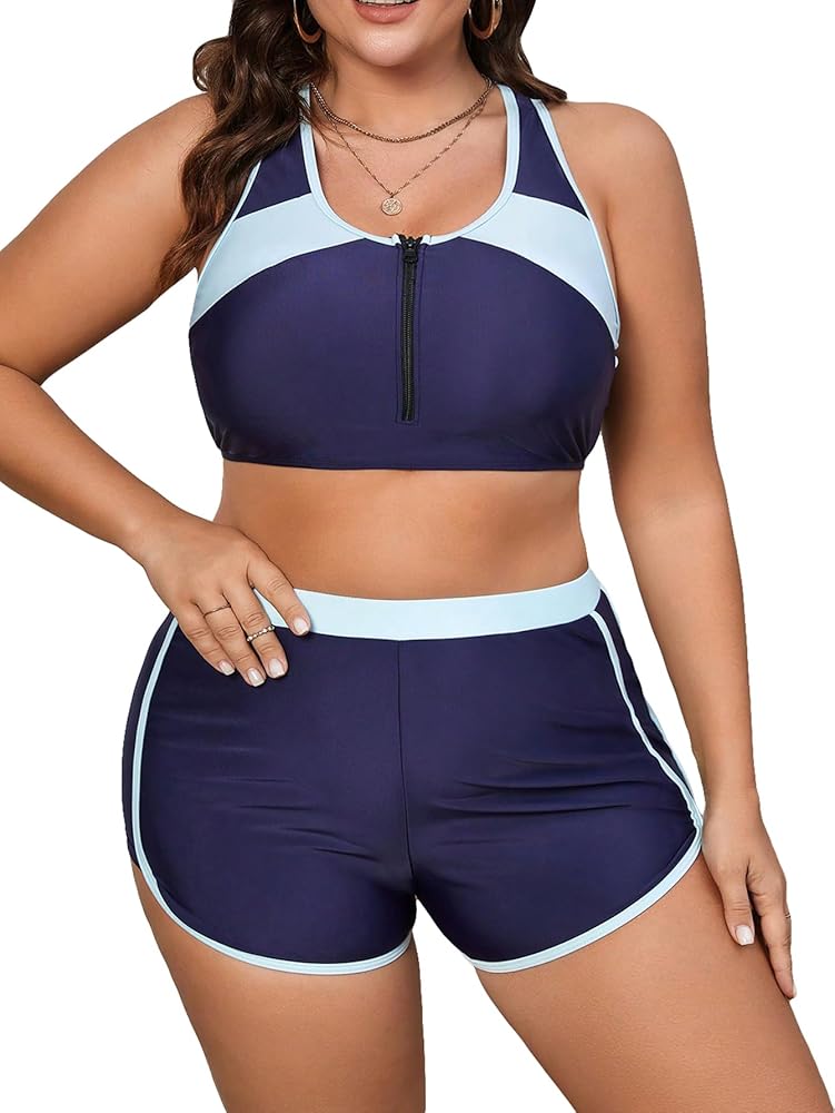 SweatyRocks Women's Plus Size 2 Piece Bikini Set Color Block Zipper Front Swimsuit with High Waisted Shorts Bathing Suits