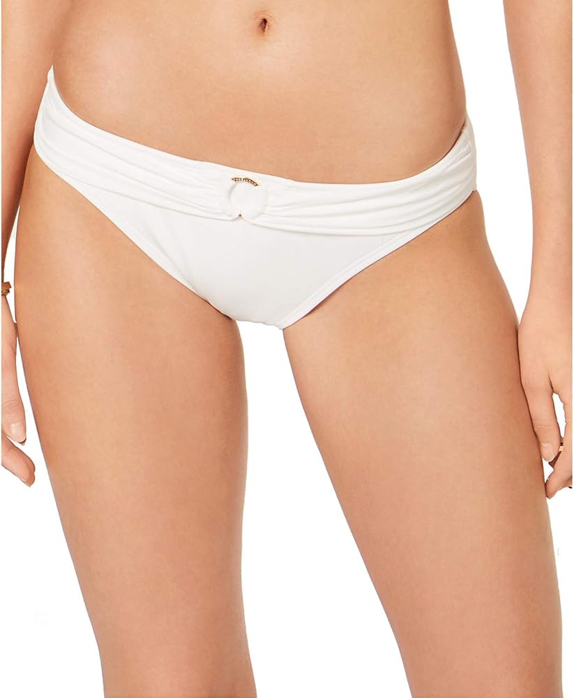 Michael Michael Kors Women's Shirred Hardware Logo-Ring Bikini Swim Bottom (White, Large)