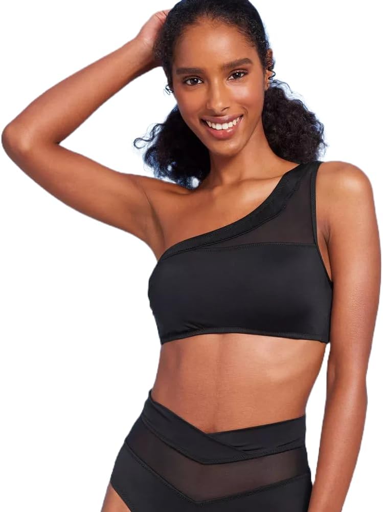 Shade & Shore Women s One Shoulder Mesh Bikini Top - (Black, XLarge)