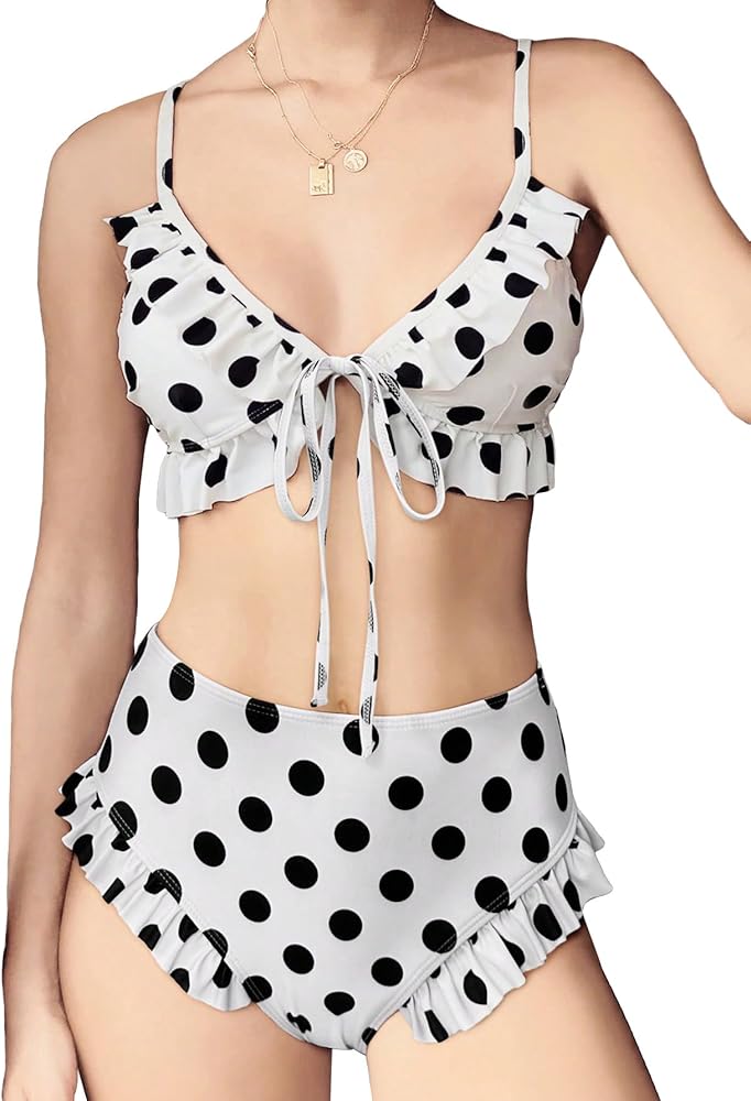 Verdusa Women's Ruffle 2 Piece Bikini Set Polka Dots Tie Front Top with Bottom Bathing Suit