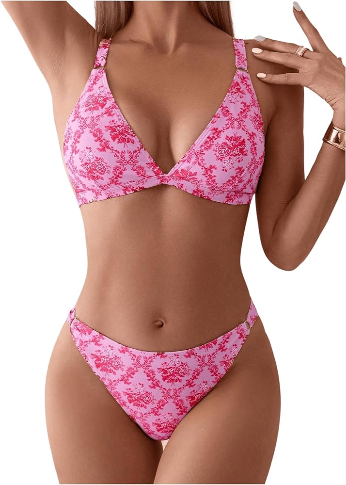 MakeMeChic Women's Floral 2 Piece Swimsuit Deep V Neck High Cut Bikini Sets Bathing Suit