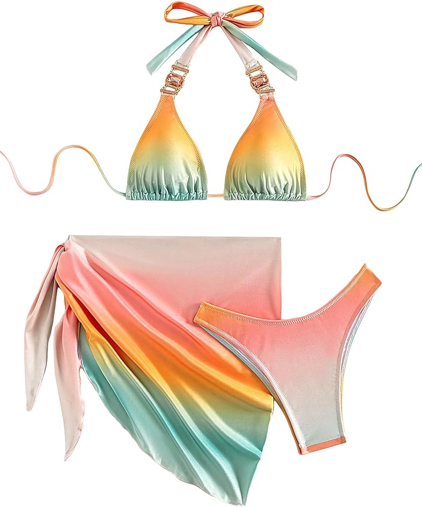 MakeMeChic Women's 3 Piece Bikini Set Ombre Halter Triangle Bathing Suit Ring Swimsuit with Knot Beach Skirt