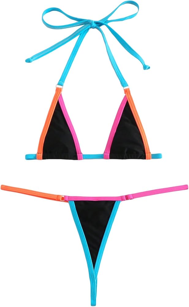 SHENHE Women's Sexy Micro Bikini G String Thong Swimsuits 2 Piece Triangle Halter Bikini Set Black Multi Small