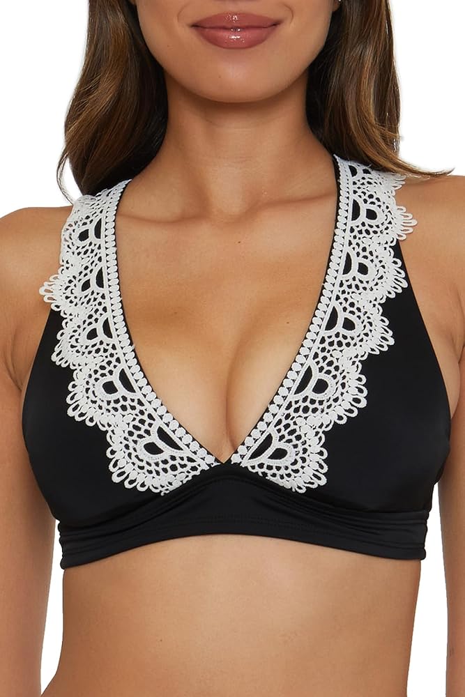 Women's Standard Lace Trim Halter Bikini Top, Adjustable, Tie Back, Swimwear Separates