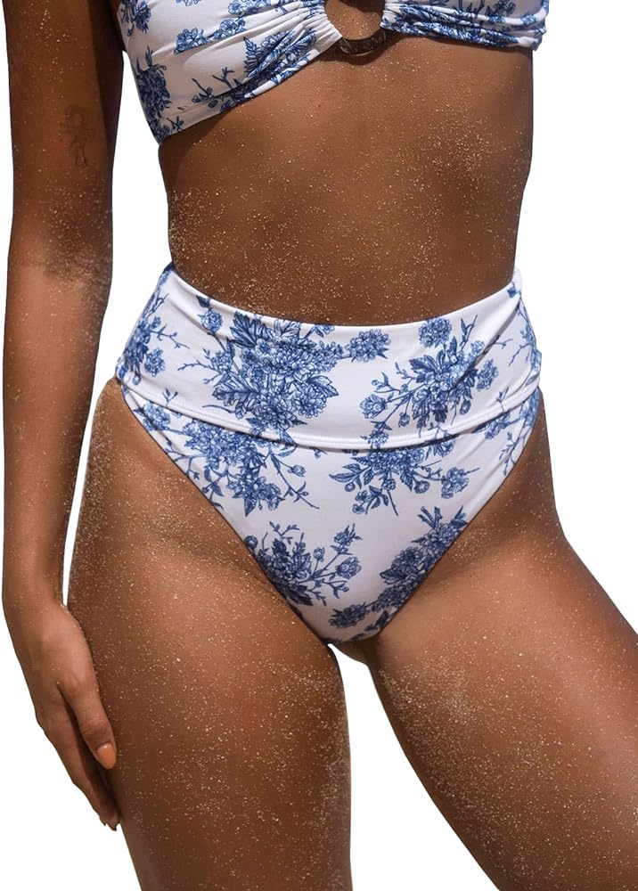 Women's Floral High Cut Wide Waistband Ribbed Tummy Control Coverage Bikini Bottom