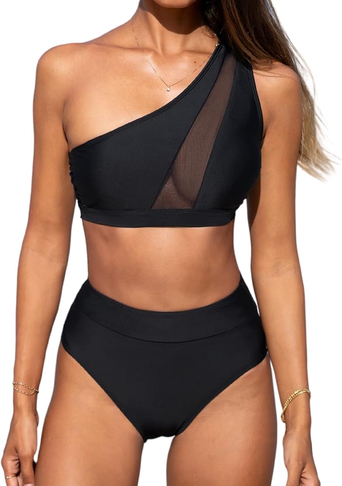 CUPSHE Bikini Set for Women Two Piece Swimsuits High Waisted One Shoulder Top Wide Straps Mesh