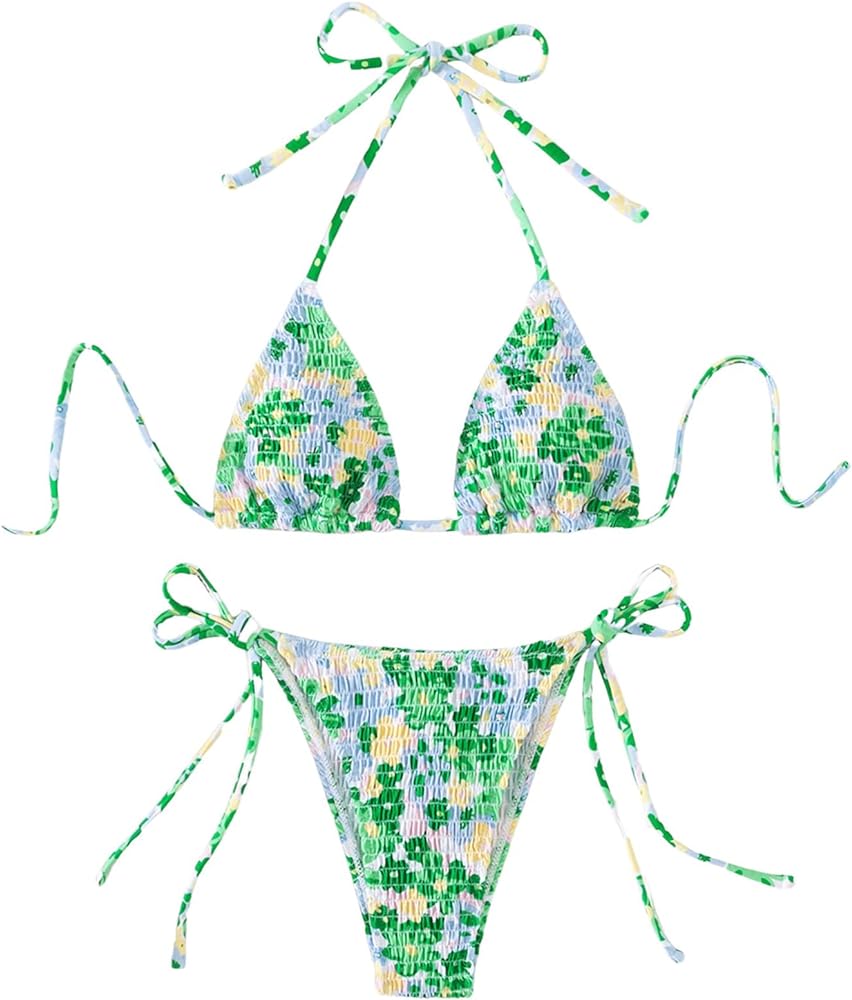 Women's 2 Piece Floral Bikini Sets Smocked Halter Triangle Bikini Drawstring Tie Side Sexy Cute Swimsuits