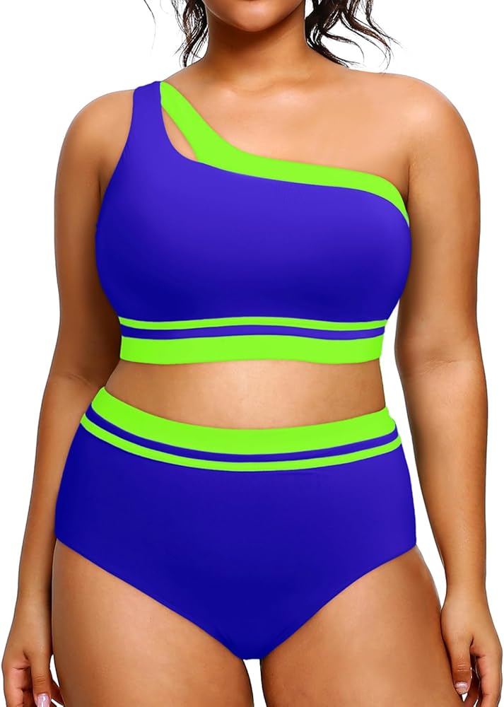 Aqua Eve Women Plus Size High Waisted Bikini One Shoulder Two Piece Swimsuit Color Block Bathing Suits