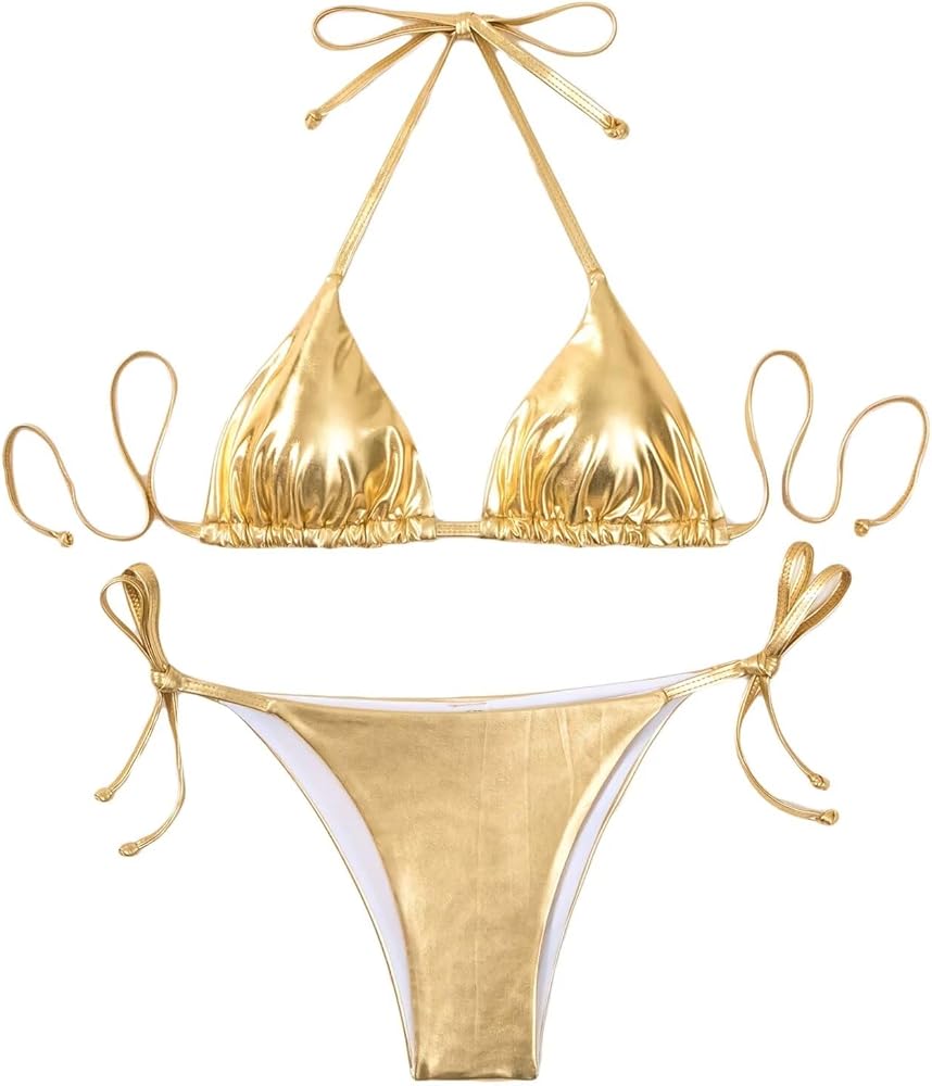 Women's Metallic Shiny Bathing Suit High Waisted Triangle Tie Side Swimsuit Bikini Set