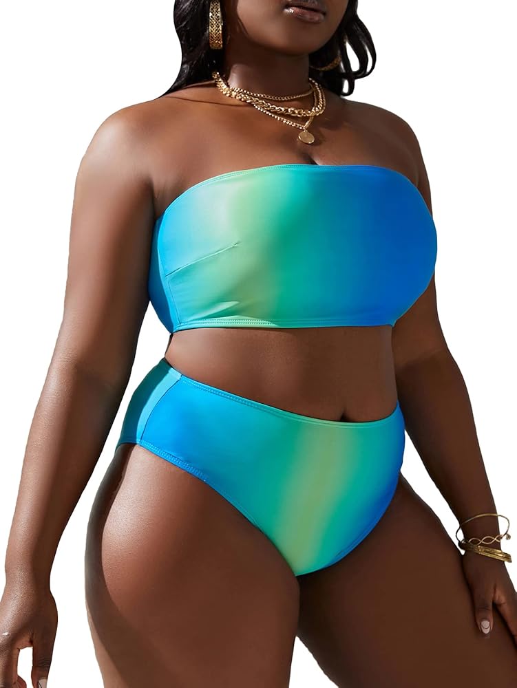 MakeMeChic Women's Plus Size 2 Piece Bathing Suits Textured Bandeau High Waisted Bikini Swimsuit