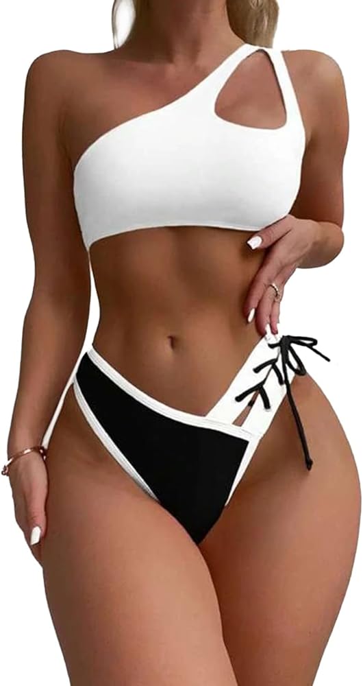 YELAIVP Women's Bikini Sets One Shoulder High Waisted Two Piece Swimsuit Lace Up High Cut Bathing Suit