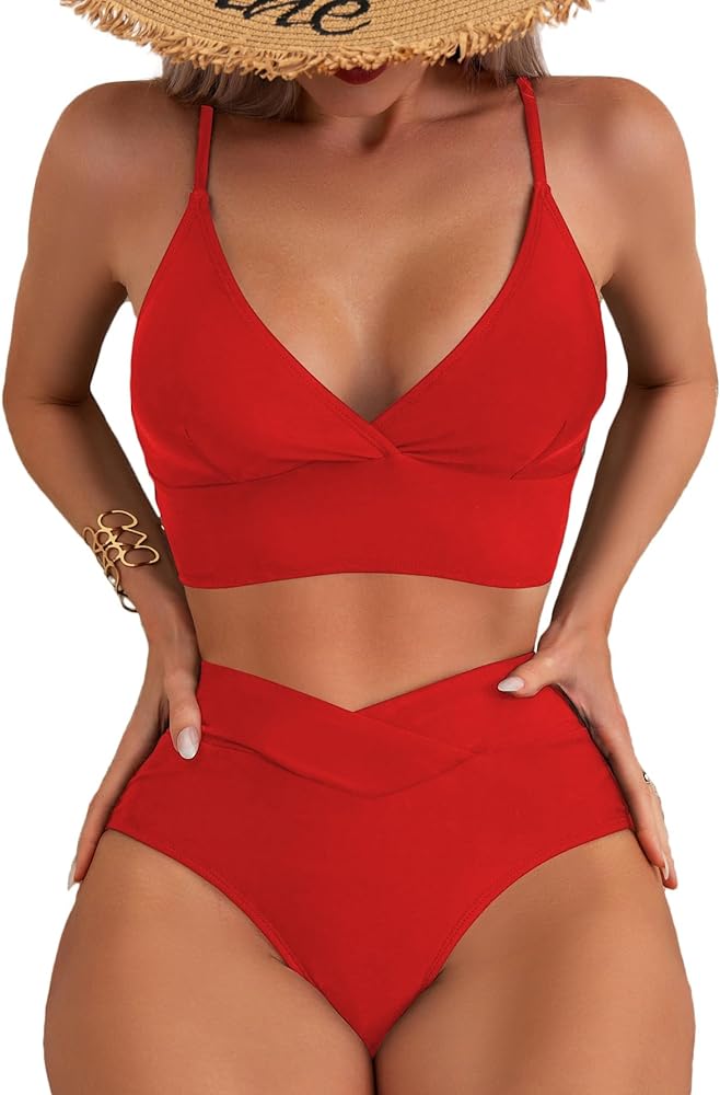 Womens Bathing Suit 2 piece Tummy Control High Leg Swimsuit V Cut Bottom