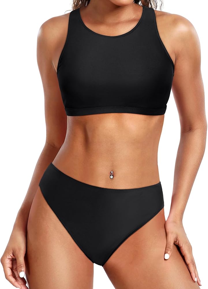 Yonique Sporty Bikini Athletic Bikini Swimsuit for Women Two Piece Bathing Suit for Teen Juniors High Neck Swimwear