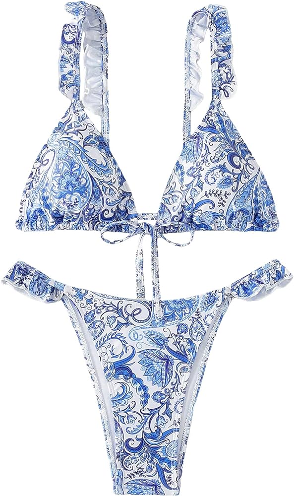 MakeMeChic Women's Floral Print 2 Piece Bikini Set Ruffle Trim Triangle High Cut Bikini Swimsuit Bathing Suit