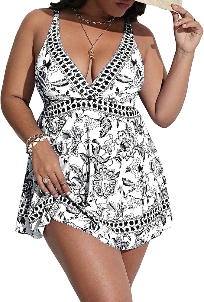 WDIRARA Women's Plus Size Floral Print V Neck Bikini Swimsuit Two Piece Bathing Suit Swim Dress and Bottom