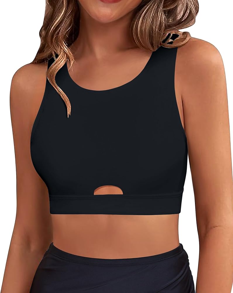 GRAPENT Bikini Tops for Women Cut Out Cropped Tankini Tops Beach High Neck Color Block Padded Swimwear Swim Tops Only