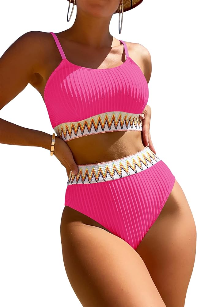 GORGLITTER Women's 2 Piece High Waisted Swimsuit Full Coverage Tummy Control Ribbed Bikini Set Boho Swimsuit 2024