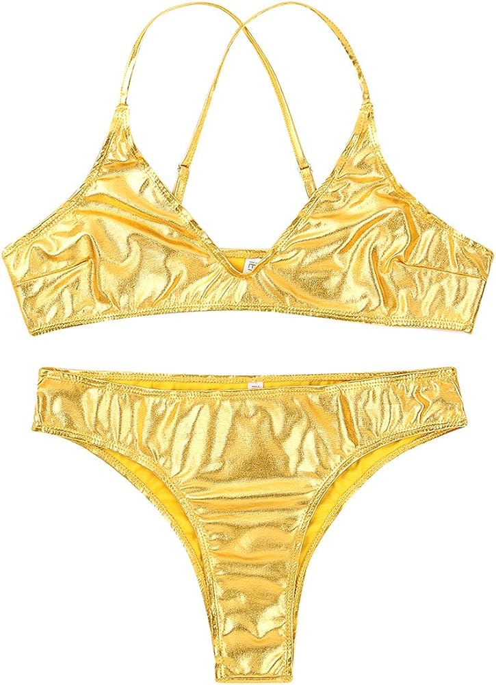 iEFiEL 2 Pieces Women's Metallic Bikini Shiny Strappy Cross Back Crop Top with Sexy Briefs Swimsuit Set