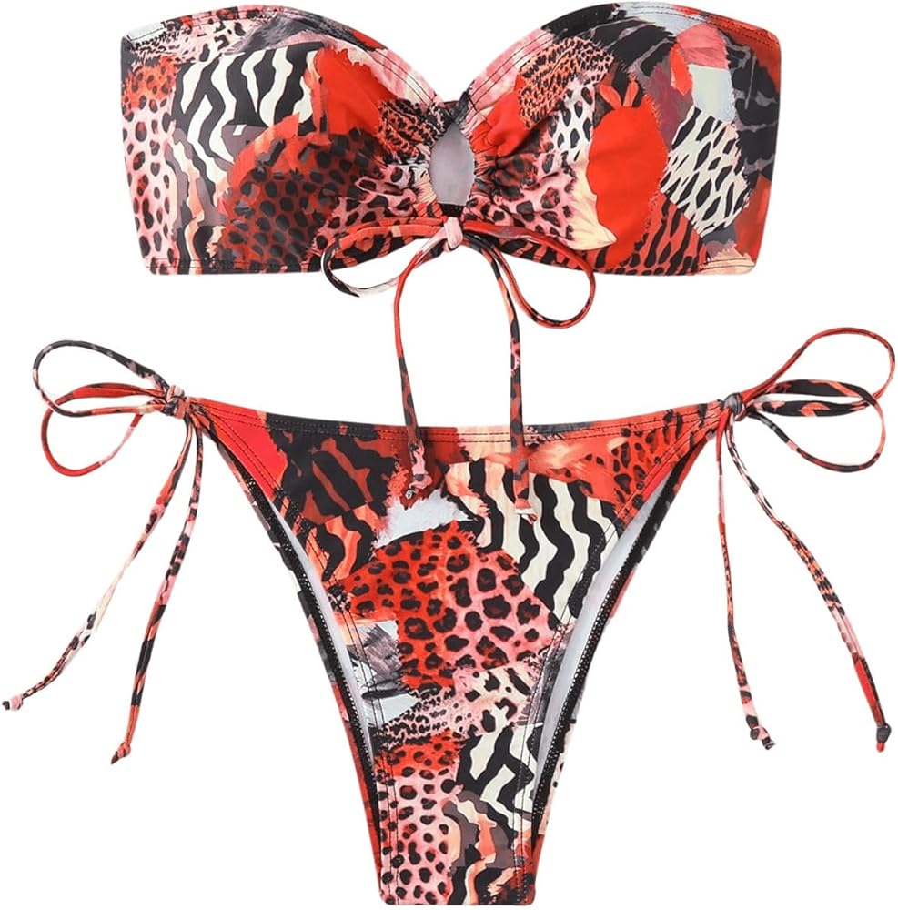 WDIRARA Women's 2 Piece Animal Print Bandeau Ruched Tie Front Swimsuit Cheeky Bikini Set